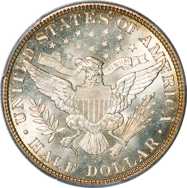 (6520) 1910-S 50C PCGS MS67+ CAC Barber reverse