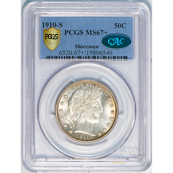 (6520) 1910-S 50C PCGS MS67+ CAC Barber slab