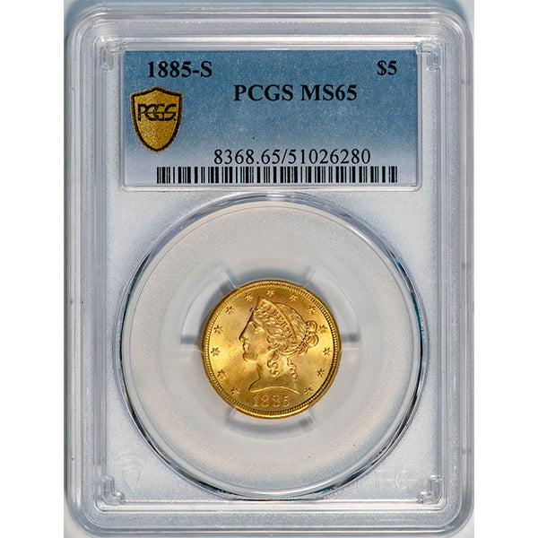 (8368) 1885-S $5 PCGS MS65 Liberty slab