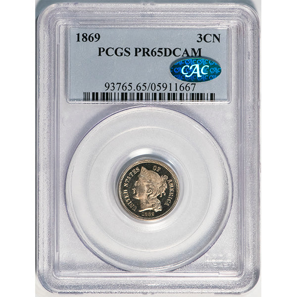 (3765) 1869 3CN PCGS PR65DCAM CAC