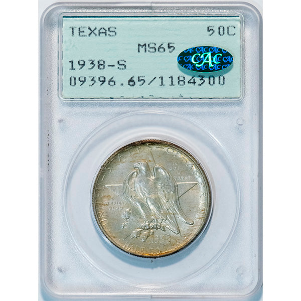 1938-S 50C Texas PCGS MS65 CAC Silver Commemorative old holder slab