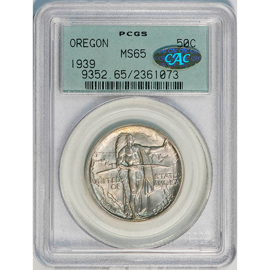 (9352) 1939 50C PCGs MS65 Gold CAC Oregon slab