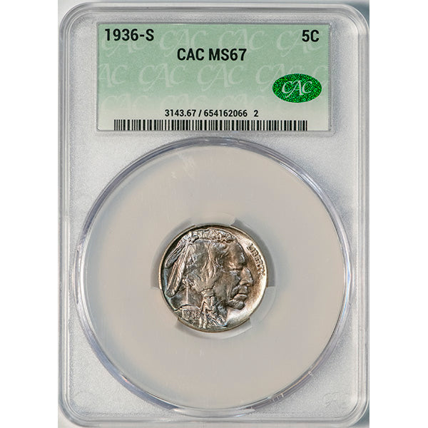 (3979) 1936-S 5C CACG MS67 CAC Buffalo slab