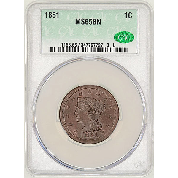 1851 1C CACG MS65BN CAC Coronet Head Cent slab