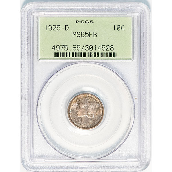 1929-D 10C PCGS MS65FB Mercury Dime old holder slab