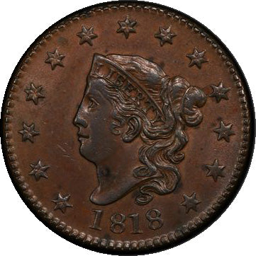 1818 1C N-1, R.2+ PCGS AU53 Coronet Head Cent  obverse