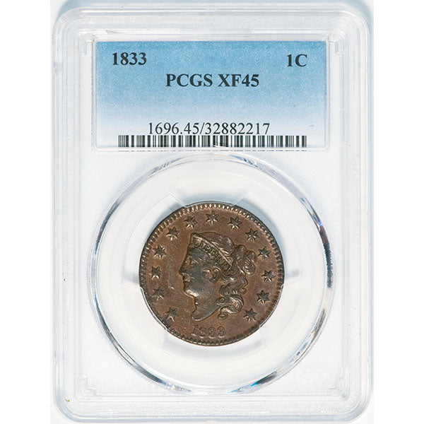 1833 1C PCGS XF45 Coronet Head Cent slab