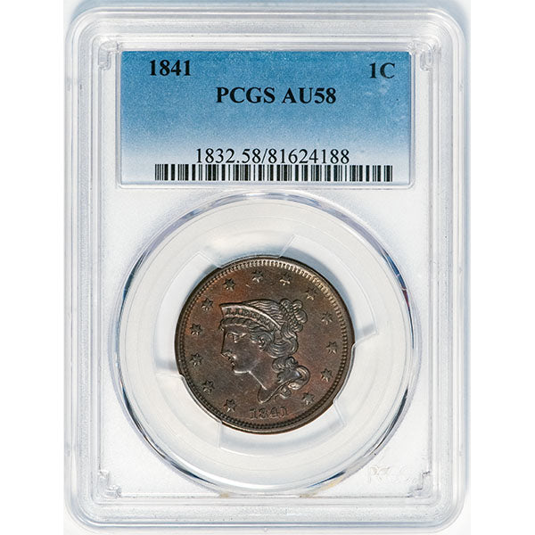 1841 1C PCGS AU58 Coronet Head Cent slab