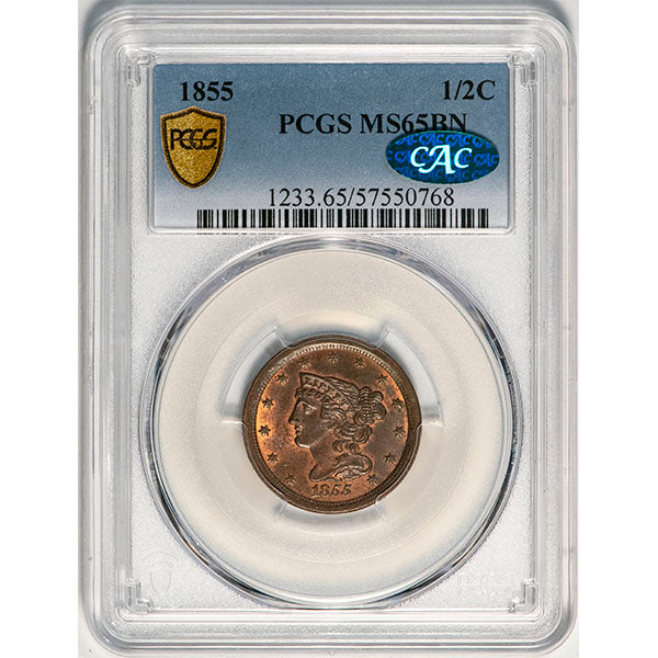 (1233) 1855 1/2C PCGS MS65BN CAC