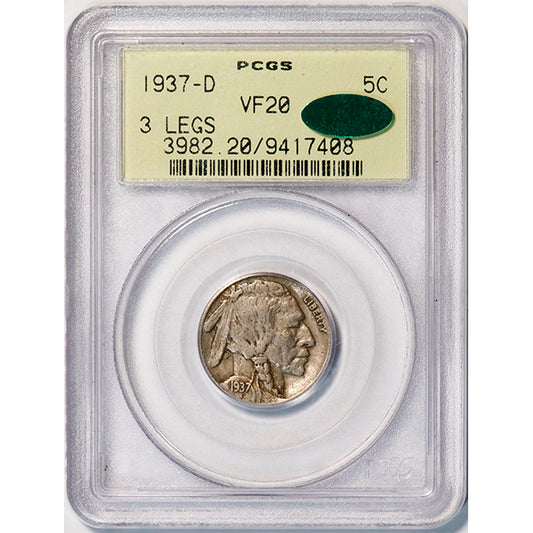 1937-D 5C PCGS VF20 CAC 3 Legs Buffalo Nickel slab