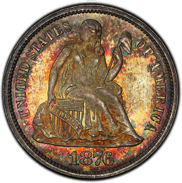 1876 10C PCGS MS66 CAC Colorfully toned Liberty Seated Dime obverse