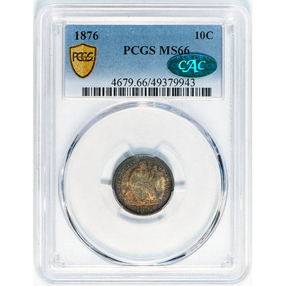 1876 10C PCGS MS66 CAC Colorfully toned Liberty Seated Dime slab