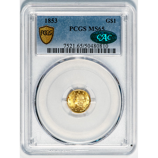 (7521) 1853 G$1 PCGS MS65 CAC