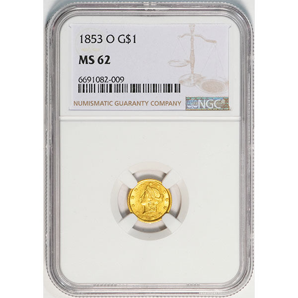 1853-O G$1 NGC MS62 New Orleans Liberty Gold Dollar slab