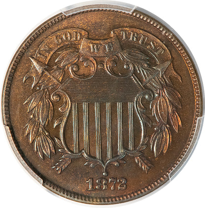 1872 2C PCGS PR64BN CAC Shield Two Cent obverse