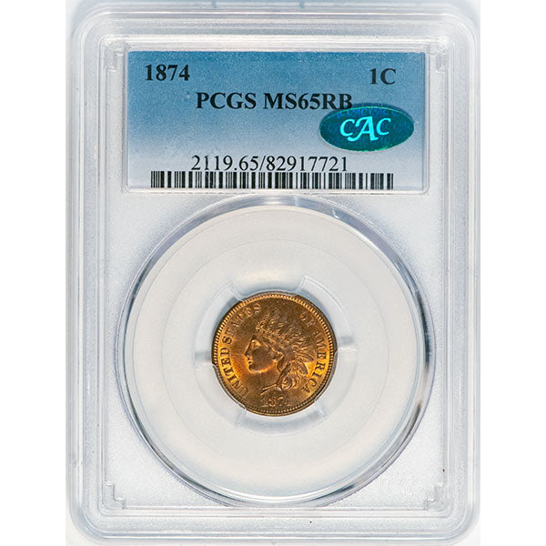 1874 1C PCGS MS65RB CAC Indian Cent slab