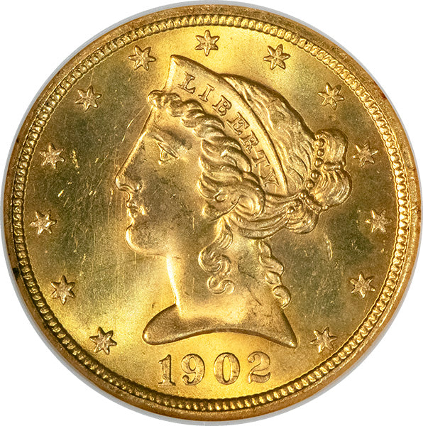 1902-S $5 NGC MS64 CAC Liberty head gold obverse