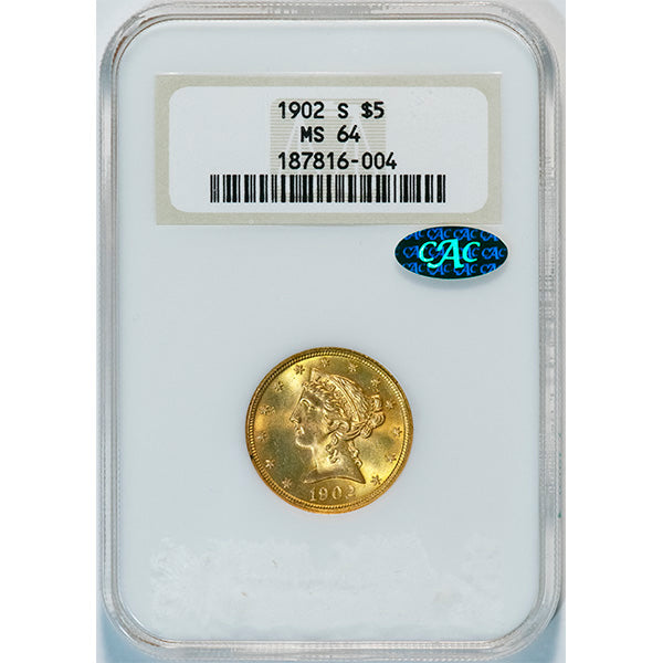 1902-S $5 NGC MS64 CAC Liberty head gold slab