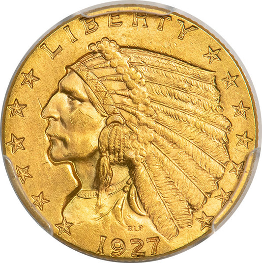 1927 $2.50 PCGS MS64+ CAC Indian Head gold obverse