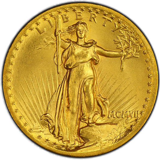 (9136) 1907 $20 High Relief, Flat Edge PCGS MS65