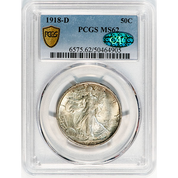 1918-D 50C PCGS MS62 CAC Walking Liberty Half Dollar slab