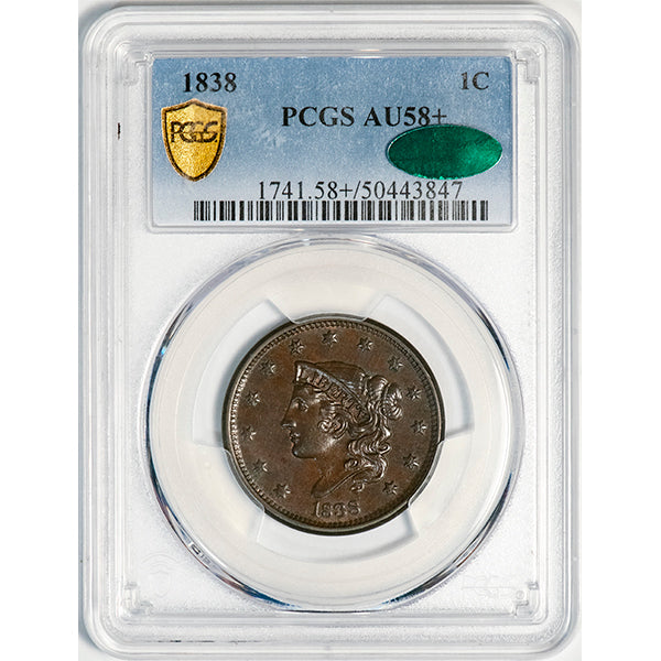 (1741) 1838 1C PCGS AU58+ CAC Coronet Head Cent slab