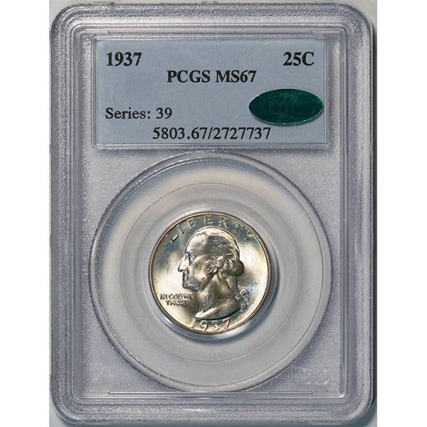 (5803) 1937 25C PCGS MS67 CAC Washington Quarter slab