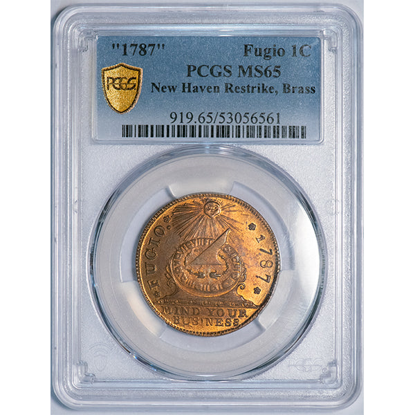 (919) 1787 Fugio 1C N-104-FF Brass New Haven Restrike PCGS MS65