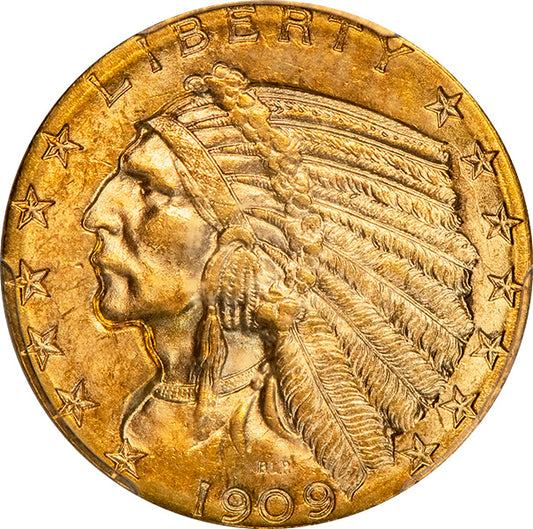 (8514) 1909-D $5 PCGS MS63 Indian obverse