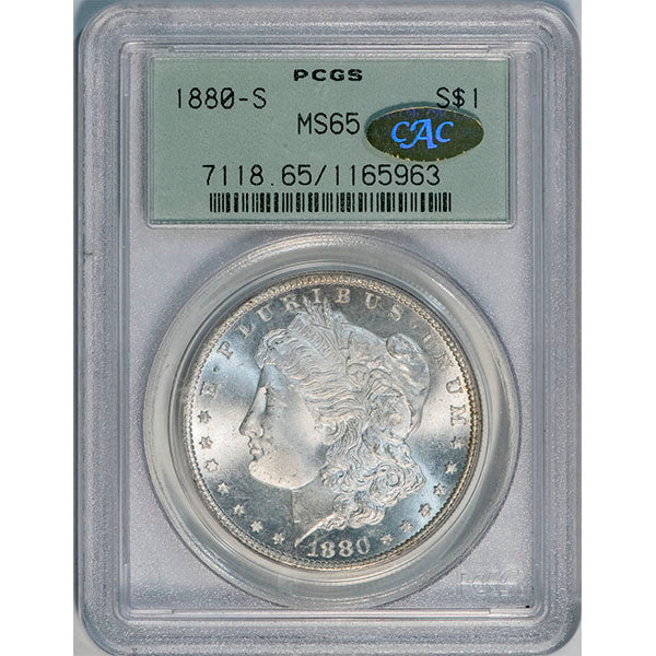 (7118) 1880-S $1 PCGS MS65 Gold CAC Morgan slab