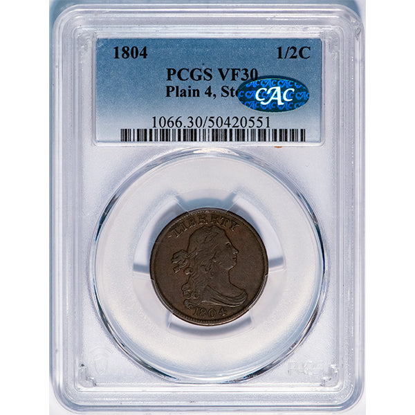 (1066) 1804 1/2C Plain 4, Stems PCGS VF30 CAC