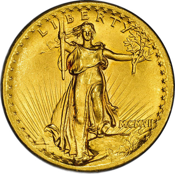 (9136) 1907 $20 PCGS MS64 High Relief, Flat Edge CAC