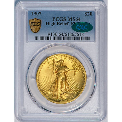 (9136) 1907 $20 PCGS MS64 High Relief, Flat Edge CAC